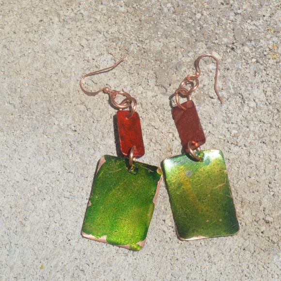 Green Red Geometric Pure Copper Handmade Earrings Abstract Hand Painted Drop - Picture 7 of 8